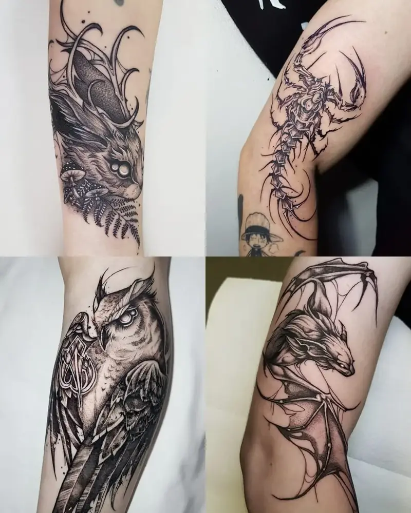 Tatuagens de blackwork e dark ornamental, por Bia, Clash Tattoo Ribeirão Preto